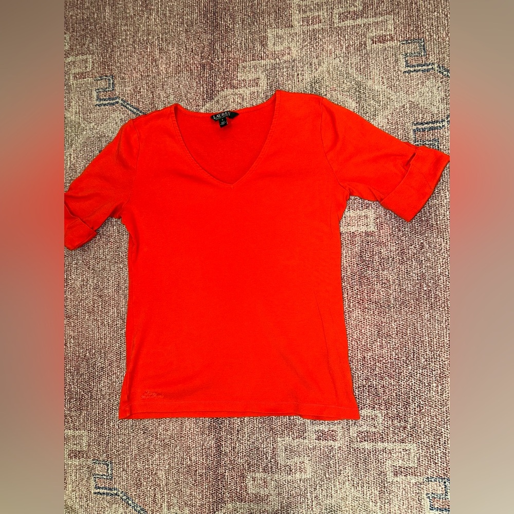 Ralph Lauren red cotton v neck cuff sleeve fitted womens tee shirt small